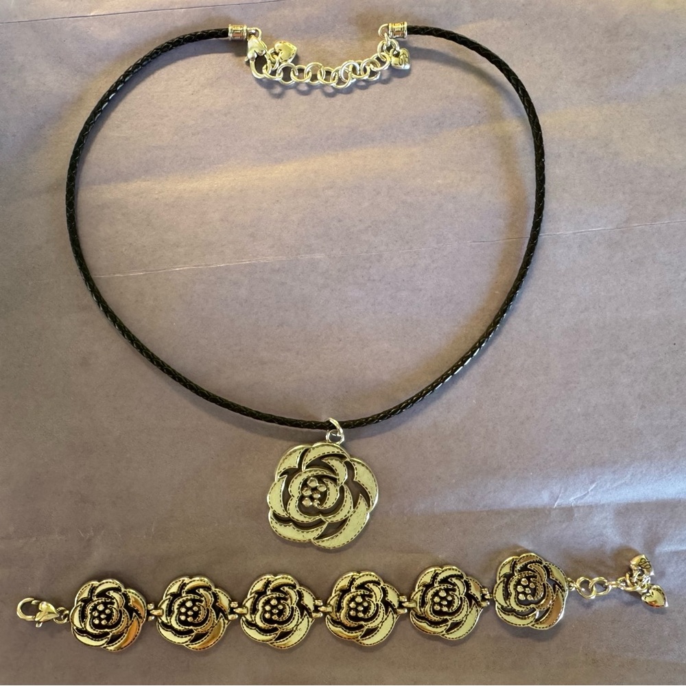 BRIGHTON Floral Medallion Necklace and Bracelet Set - Silver & Black